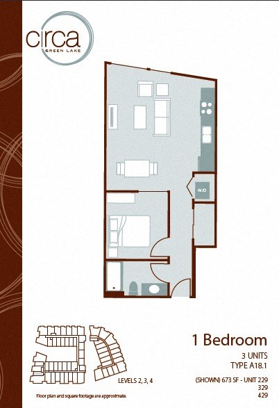 Floor plan for 1 bed, 1 bath, 673 sqft